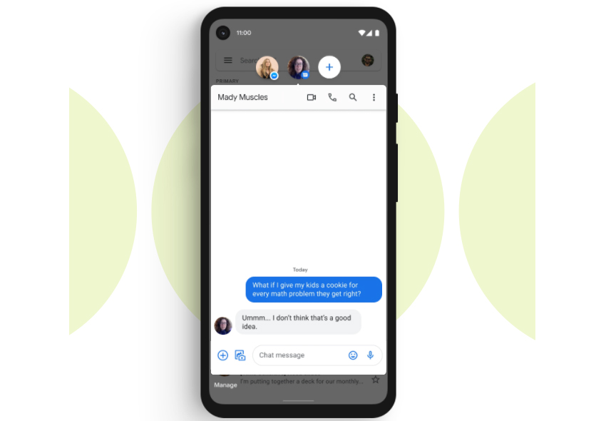 Exemplo de conversas flutuantes Bubbles, uma das novidades do Android 11