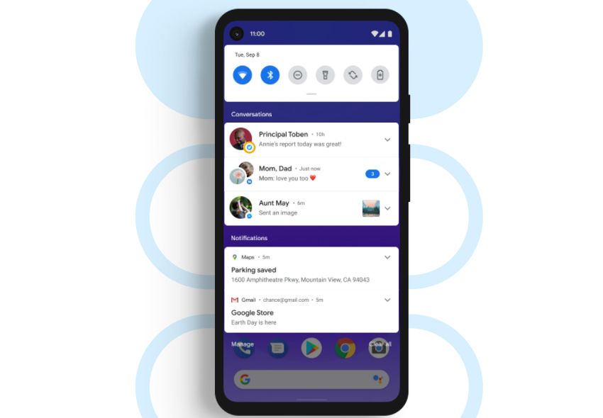 Exemplo de como as notificações de conversas ficam centralizadas, uma das novidades do Android 11