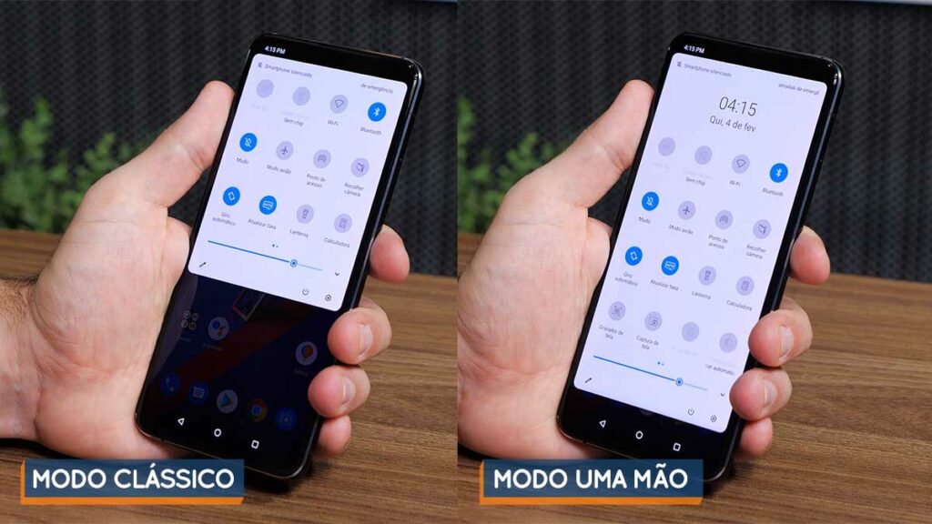 Imagem mostrando, lado a lado, o layout clássico e o layout uma mão do menu de configurações rápidas do ZenFone