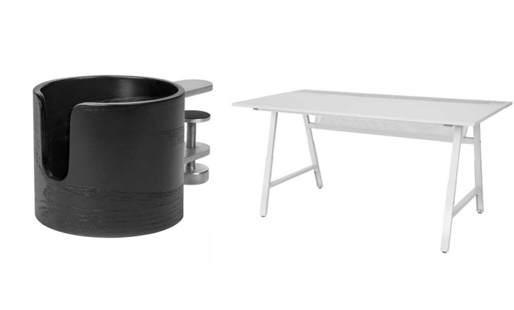 Imagem mostrando, à esquerda, o suporte de caneca preto ROG E IKEA. À direita, está a mesa branca ROG E IKEA.