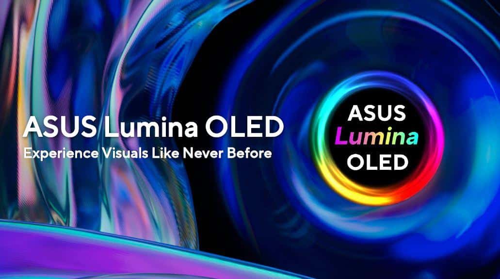 Imagem promocional da ASUS exibindo o texto "ASUS Lumina OLED" sobre fundo colorido, destacando a tecnologia do notebook com tela OLED com cores vibrantes.