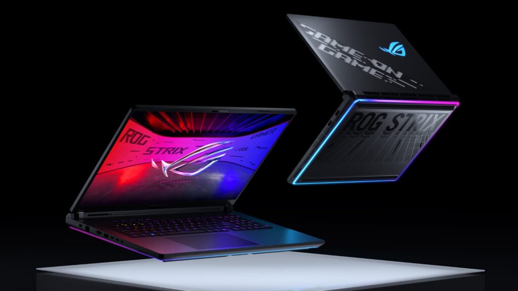 Notebooks gamer ROG Strix com iluminação RGB, destaque para portabilidade e desempenho.