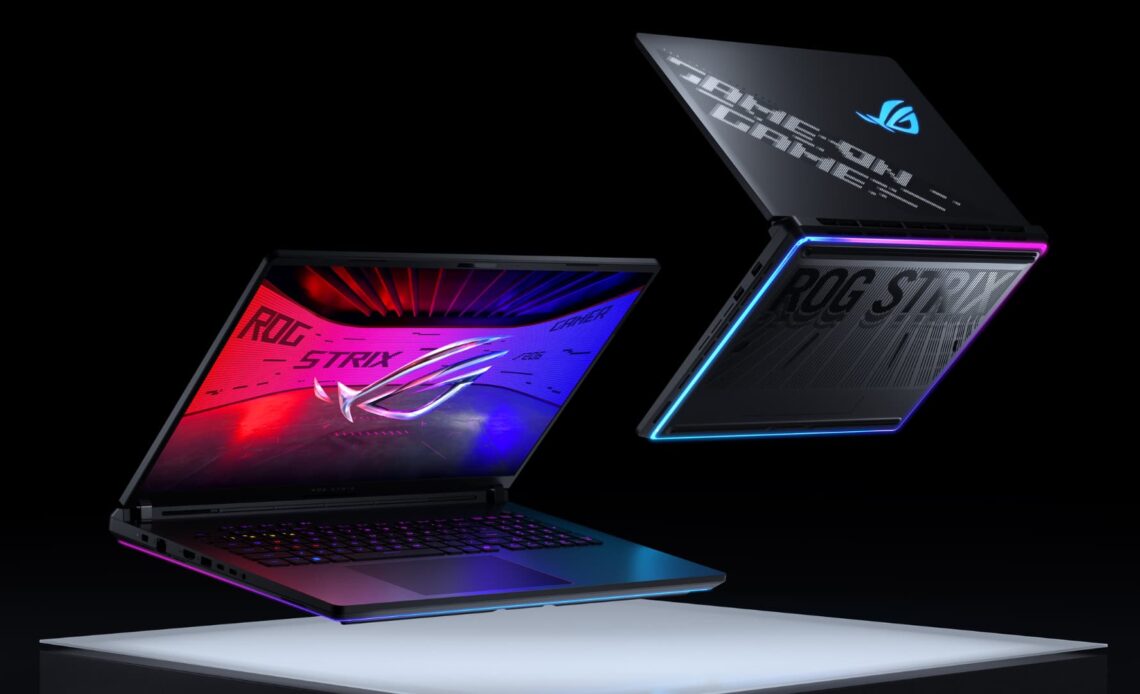 Notebooks gamer ROG Strix com iluminação RGB, destaque para portabilidade e desempenho.